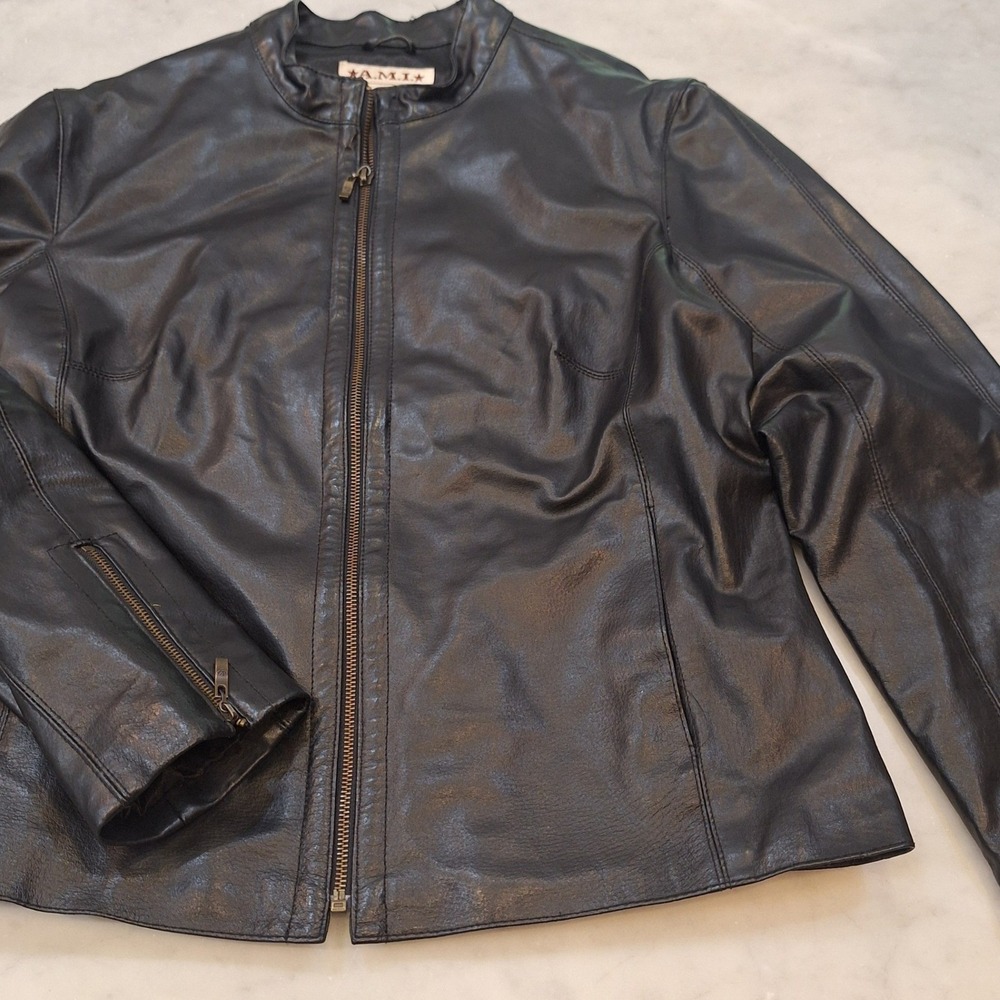 Vtg Y2K A.M.I. Leather Jacket Womens XL Black Zip Mock Neck Moto Biker AS IS